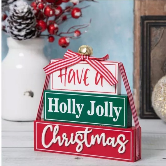 Holly Jolly Christmas Stacked Wood Decor Festive Red and Green Christmas Sign - Picture 1 of 3